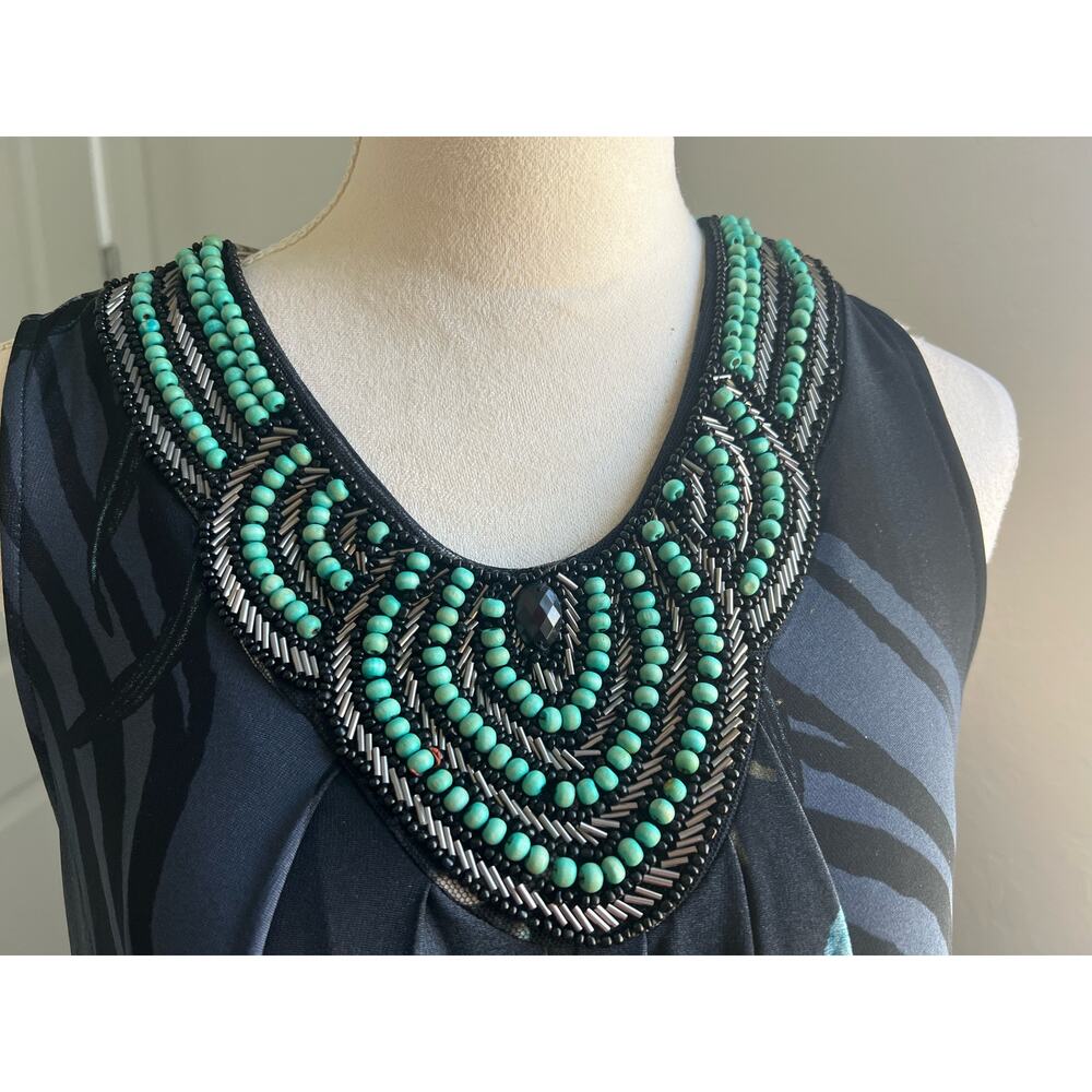 STUDIO I Floral Turquoise Black Blue Beaded Neckline Sleeveless Swing Dress 14 - Picture 3 of 9